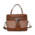 Retro patchwork bucket bag in brown faux leather and textured fabric for women - Brown
