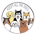 Spilla rotonda in smalto con diverse razze di cani e slogan 'ADOPT ALL THE DOGS' - Stile Adotta i cani