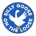 Cartoon white goose enamel pin badge with Silly Goose On The Loose text on blue background - Rampaging Goose