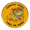 Cartoon Country Toad enamel pin featuring a frog with cowboy hat and text on yellow background - Toad Take Me Home (Yellow)