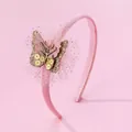 Serre-tête rose à paillettes avec ailes de papillon en résille et paillettes dorées - Serre-Tête Papillon Rose