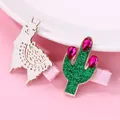 Detail of glitter llama and cactus hair clips with rhinestones and pink ribbon base - Cactus Alpaca Style (HCH084)