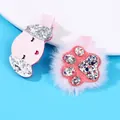 Detail of pink glitter hair clips with cartoon puppy and plush cat paw design - Dog and Cat Paw (HCH086) / Cartoon Dog Cat Paw Pink