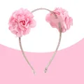 Dettaglio del cerchietto con fiori in tessuto rosa con glitter argento e punte protettive - Fiore Rosa