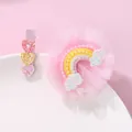 Pink heart and rainbow mesh hair clips set for girls on a white ceramic plate - Rainbow Heart Style (HCH071)