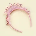Detail of pink princess crown headband with lace trim, rhinestones, and glitter butterfly - Crown Lace Headband
