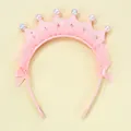 Detailed view of pink crown headband with delicate lace, shiny pearls and ribbon bows - Pearl Crown Headband