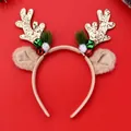 Detail of Christmas reindeer antler headband with gold glitter, bells and green pine needles - Gold