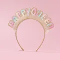 Detail of HAPPY QUEEN headband with glitter letters and white tulle on rose gold band - Sequins Letter Lace Headband