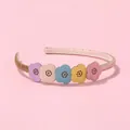 Detail of child headband with five colorful leather flowers and golden glitter finish - Sweet Floral Style