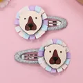 Detail of handmade cartoon lion hair clips with colorful ribbon mane for kids - Purple Mane Lion (Silver Clip)