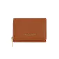 Dark brown cross-texture women's short wallet with gold zipper and embossed text - Brown