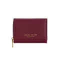 Short burgundy Saffiano leather wallet with gold zipper and embossed lettering - Burgundy