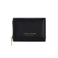 Short black cross grain leather wallet with golden zipper and printed lettering - Black