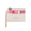 Creamy leather card holder wallet with pink fabric bow and gold chain decoration - Off-white
