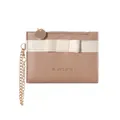 Elegant apricot faux leather card holder with a creamy white bow and gold chain - Khaki