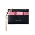 Elegant black PU leather card wallet featuring a large pink ribbon bow and gold chain - Black
