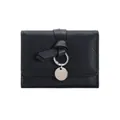 Minimalist black pebble grain wallet with a stylish leather tie and silver ring charm - Black