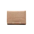 Portafoglio corto da donna in pelle PU beige con motivo a coccodrillo e dettagli dorati - Cachi