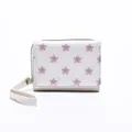 Short leather wallet with pink smiling stars pattern and wrist strap in white finish - White