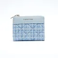 Short women wallet in light blue tweed fabric with diamond quilting and gold zipper - Blue