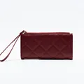 Quilted burgundy long wallet for women with wristlet strap and diamond pattern - Red