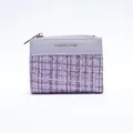 Short lavender wallet in leather and tweed patchwork with gold zipper and star logo - Purple