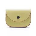 Minimalist avocado green leather card holder with silver snap button and white stitching - Yellow