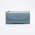 Portafoglio lungo in pelle PU grigio blu con patta curva e cerniera in metallo - Blu