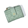Quilted light green short wallet with multiple card slots and golden ring buckle - Green
