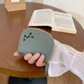 Cute gray-green cat-shaped mini card holder wallet with litchi texture and ear details - Green