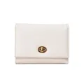 Short tri-fold wallet in white pebble leather with a gold oval turn-lock closure - White