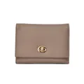 Women's compact bi-fold wallet in taupe pebbled leather with gold oval twist lock - Elephant Gray