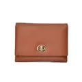 Short brown litchi grain leather wallet with golden turn-lock clasp for women - Brown
