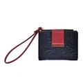 Portafoglio da donna in pelle blu navy con goffratura rose e targa dorata - Nero