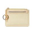 Cream pleated card holder with vertical stripes, gold zipper, and metal keychain hook - Yellow