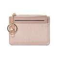 Pale pink quilted leather card holder with zip closure and gold-tone keychain ring - Khaki