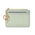 Sage green textured leather card holder with vertical stripe embossing and gold keychain - Green