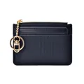Classic black leather card holder with gold zipper and textured vertical stripe pattern - Black