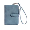 Short bifold grey-blue faux suede women wallet with gold zipper and wrist strap - Light Blue