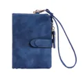 Dark blue nubuck leather women's short wallet with wrist strap and zipper pocket - Dark Blue