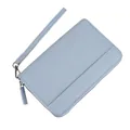 Light blue pebbled leather long wallet with silver zipper and detachable wrist strap - Grey Blue