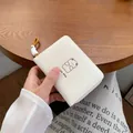 Minimalist beige tri-fold wallet with cute bear print and py day slogan for women - White