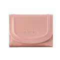 Detailed view of pink lychee leather wallet with white stitching and silver logo - Light Pink