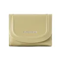 Detail view of olive green leather wallet showing fine white stitching and silver logo - Light Green