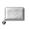 Detail of silver metallic wrinkled texture card holder with a silver heart zipper pull - Silver