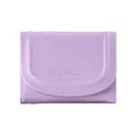 Detail of lavender PU leather wallet featuring a curved flap and silver logo lettering - Light Purple
