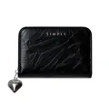 Detail of black cracked texture PU leather wallet with silver heart zipper and SIMPLE logo - Black