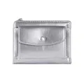 Detail view of silver faux leather wallet featuring a round snap flap and metal zipper - Silver