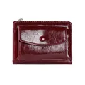 Detail view of wine red oil wax leather wallet with smooth zipper and button pocket - Burgundy